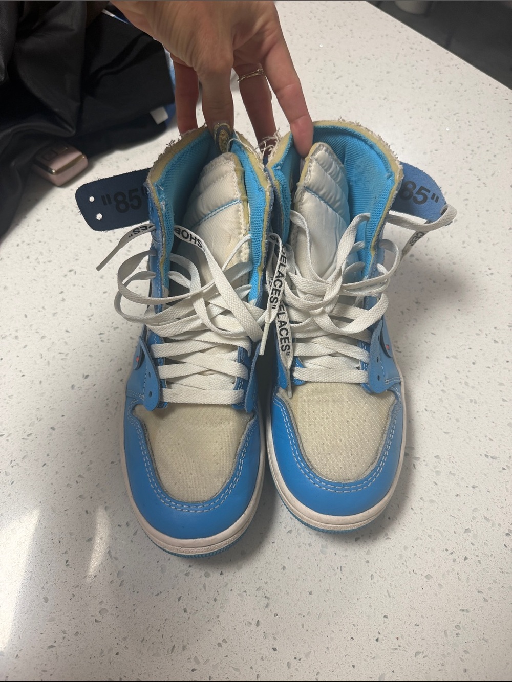 Off white Jordan High-Top Sneakers in Blue and Cream with Orange Accent - Picture 6 of 8
